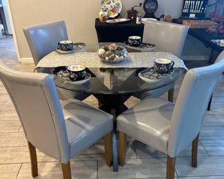Glass Top Dining Table, Black X-Frame Base/4-Chairs