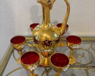 Vintage Decanter & 6-Ruby Red, Gold Gilded Stems