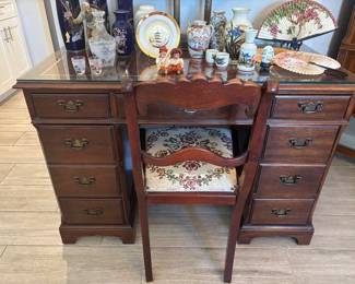Kneehole Desk, Leather Detailed Top + Protective Glass