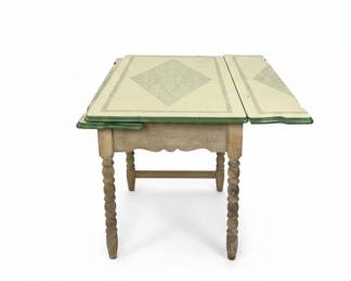 Vintage Enamel Top Drop-Leaf Kitchen Table with Green Diamond Pattern