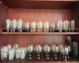 Mid-Century Frosted Glassware with Gold Wheat and Leaf Designs