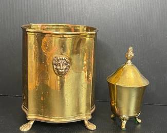 Brass Waste Bin and Lidded Container with Lion Mask Motif