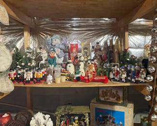 Assorted Christmas Decorations Including Nativity Scenes, Nutcrackers, and Lanterns