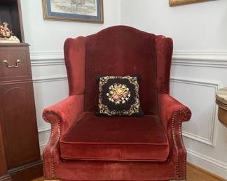 Vintage Queen Anne Style Red Velvet Wingback Armchair