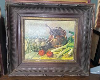 Still Life with Copper Pot, Vegetables, and Basket Oil Painting