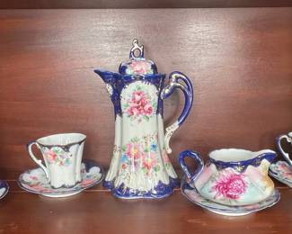 Hand Painted Nippon Tea Set with Floral Motif and Gold Trim