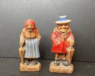 Vintage Hand Carved Folk Art Couple with Umbrellas