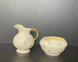 Belleek Fermanagh Ireland Shamrock Creamer and Sugar Bowl Set