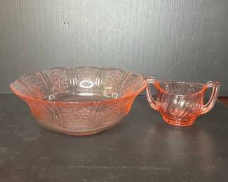 Pink Depression Glass Cherry Blossom Sugar Bowl and Serving Bowl
