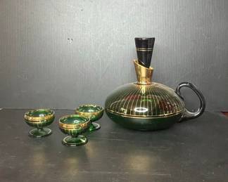 Green Glass Decanter and Liqueur Glasses with Gold Trim