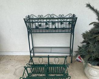 Vintage Green Wrought Iron Two-Tier Plant Stand with Decorative Baskets