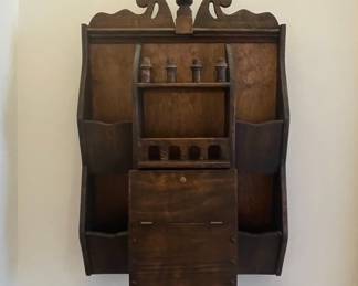 Vintage Wooden Wall Organizer with Drop-Front Desk and Pipe Holders