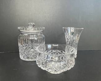 Waterford Crystal Lismore Pattern Biscuit Barrel, Bowl, and Vase