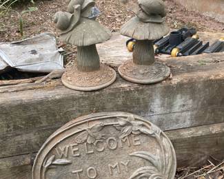 Concrete Mushroom with Snail Figurines and Welcome Sign