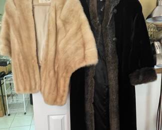 Vintage Mink Stole and Black Velvet Coat with Dark Brown Fur Trim