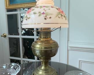 Vintage Brass Lamp with Hand-Painted Floral Shade