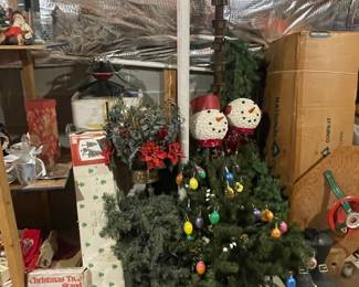 Vintage Christmas Decorations Assortment with Snowman Figures and Artificial Tree