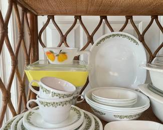 CorningWare "Spring Blossom" / "Crazy Daisy" Pattern Dinnerware and Pyrex "Lemon" Casserole Dish