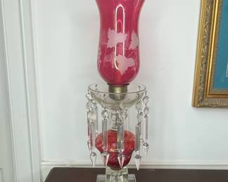Cranberry Glass Hurricane Lamp with Etched Floral Design and Crystal Prisms