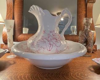 Victorian Wash Basin and Pitcher Set with Pink Floral Transferware