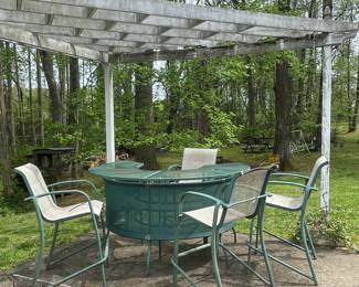 Vintage Green Metal Barrel Bar Set with Swivel Chairs