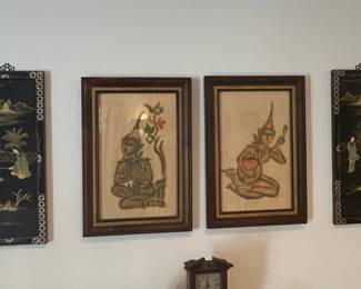 Vintage Black Lacquer Mother-of-Pearl Inlay Wall Panels and Paintings