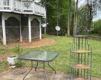 Glass Top Patio Table and Wrought Iron Corner Baker's Rack