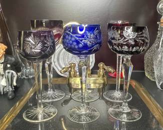 Vintage Cut Crystal Cordial Glasses with Cobalt Blue and Amethyst Overlays