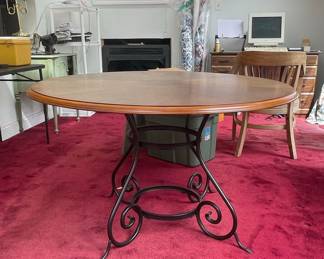 Round Dining Table with Wrought Metal Pedestal Base