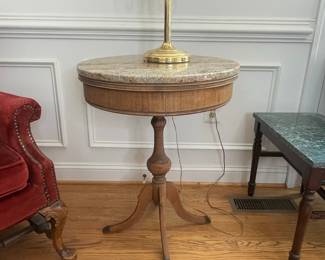 Vintage Marble Top Pedestal Table with Lamp