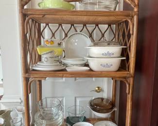 Vintage Rattan Shelving Unit with Assorted Cookware
