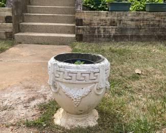 Vintage Cast Concrete Urn Planter with Greek Key and Grapevine Motif