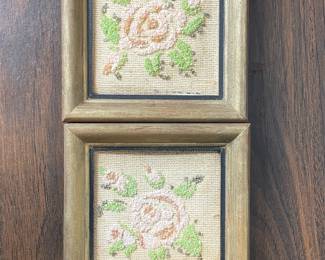 Vintage Needlepoint Floral Framed Art