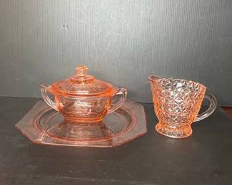 Pink Depression Glass Creamer, Sugar Bowl with Lid, and Tray - Federal Glass Sharon Pattern