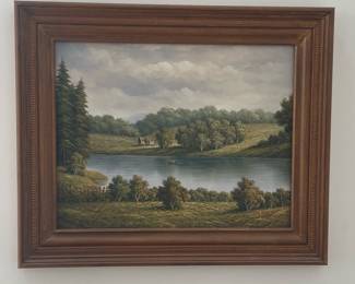 Landscape Painting with Lake and House by C. Freeman