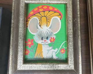 Vintage Whimsical Mouse and Mushroom Painting 