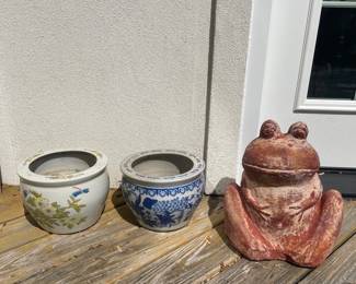 Terracotta Frog Garden Statue and Blue & White Porcelain Planters