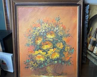 Floral Basket Oil Painting Vtg