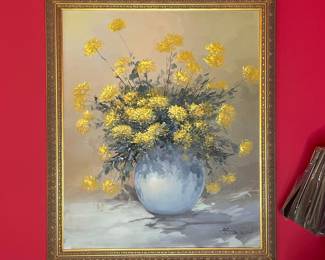 Floral Still Life Painting with Yellow Chrysanthemums by Young Woo