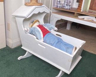 Vintage Wooden Doll Cradle with Doll