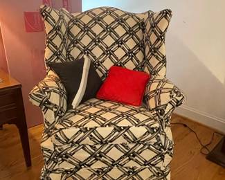 Wingback Armchair with Black and White Bamboo-Patterned Upholstery