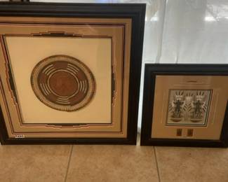 Framed Native American Basket And A Sand Painting