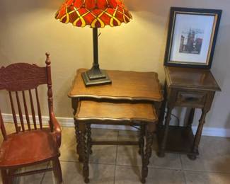 Little Tables, Tiffany Style Lamp, German Numbered Print And A Vintage Toddler Rocking Chair