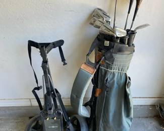 Green Golf Bag, Clubs And Bag Cart