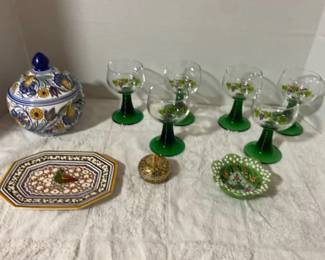 French Hand Painted Wine Glasses, Portuguese Bowl, Turkish Trinket Bowls