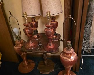 vintage hand made carved turned wood marquetry electric table lamps