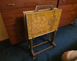 Vintage 4 TV Trays with Cart Mid Century. Complete set.