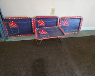 Vtg Metal Lap Trays Folding Legs Denim Jeans Bandana Pocket Red Blue 70s Print