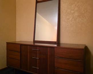 Mid Century Modern Harmony House Walnut Lowboy Triple Dresser with mirror. 