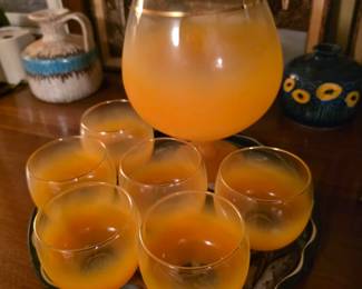 VTG Blendo Cocktail Set 7 Pc Orange Frosted Cocktail Pitcher & Roly Poly Glasses